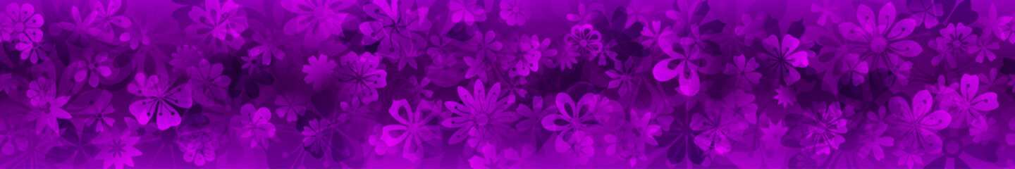 Spring banner of various flowers in purple colors with seamless horizontal repetition