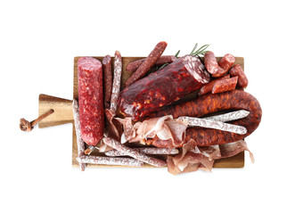 Different types of sausages on white background, top view