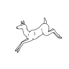 Wild deer female jumped view profile vector outline black white sketch illustration.