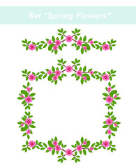 Frames set "Spring flowers". Branches with leaves and pink flowers. Raster clip art.