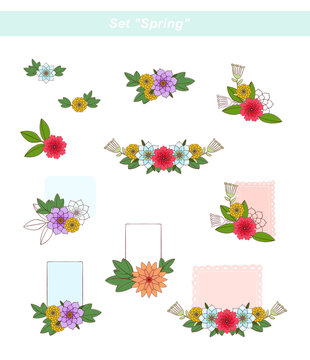 Set "Spring flowers". Multi-colored flowers and leaves. Raster clip art.