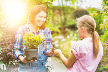 Obraz premium Woman buying plants and giving cash payment to owner
