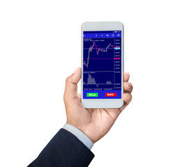 Businessman hand showing mobile phone and display exchange trading Forex trading Concept