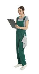 Fototapeta na wymiar Full length portrait of professional auto mechanic with clipboard and rag on white background