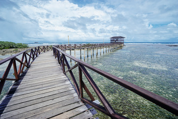 Obraz premium Beautiful landscape. Sunny day on seashore. Wooden bridge on Cloud 9 beach, Siargao Island Philippines.