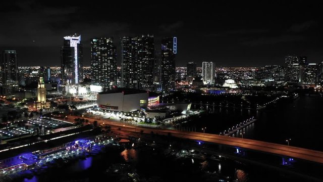 Night aerial American Airlines Arena AAA Downtown Miami