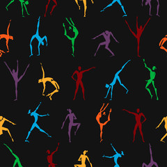 Seamless pattern with hand drawn color ink dancing figures.