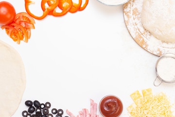 Ingredients for making pizza on a white plate with a copy space. Italian food.