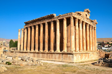 Ancient Roman Bacchus Temple with surrounding ruins in Baalbek in the fertile Bekaa Valley in eastern Lebanon