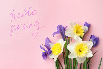 Words HELLO SPRING and fresh flowers on pink background, flat lay