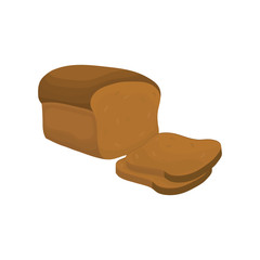 Vector illustration with a roll of rye brown bread in cartoon style. Loaf and two slices of bread on a white background. For packaging and menu