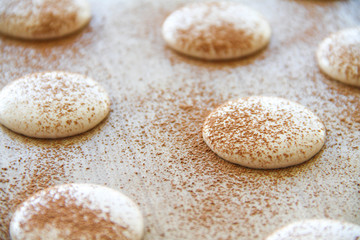 French dessert macaron. The photo of making macaron powdered with cocoa powder. Macaron in process, before baking. Macarons piped on a tray covered with a teflon sheet. Back view.