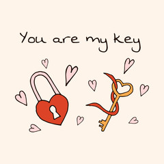 Greeting card for Valentine's Day. St. Valentine's Day. Greeting card for a couple. You are my key. Vector picture.