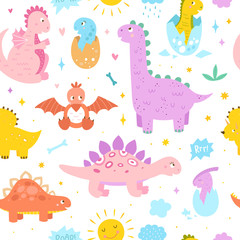 Fototapeta na wymiar Cute dinosaurs seamless pattern. Vector background with little dinos illustrations for kids