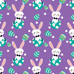 Cute Easter seamless pattern of white rabbit with Easter eggs on purple background. Vector illustration.