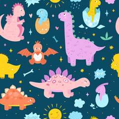 Dinosaurs seamless pattern for kids design. Vector background with cute wild animals