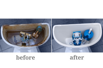 Old broken fittings in a dirty toilet and a new clean one. Plumbing repair. Before and after.