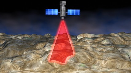 LIDAR on satellite orbiting in space flies over Earth. Scanning land  terrain and mountains . 3d rendering illustration
