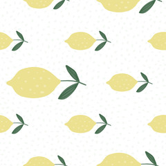 Abstract yellow lemon with leaves seamless pattern. Hand drawn citrus fruits.
