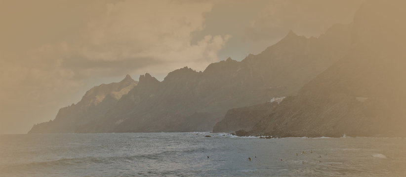 Dangerous high calima that invades the entire island of Tenerife, sand storm, Cliffs in Taganana, North Coast of Tenerife, Canary Islands