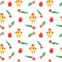 Watercolor seamless pattern with chicken, hen end egg with a tulip