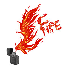 Burning lighter isolate on a white background, the inscription fire. Vector graphics.
