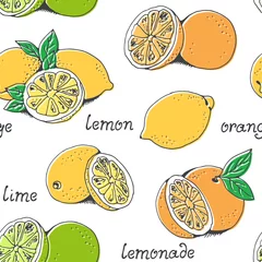 Papier peint Citrons Modèle sans couture de vecteur de fruits citrons et oranges, agrumes dessinés à la main isolés sur fond blanc