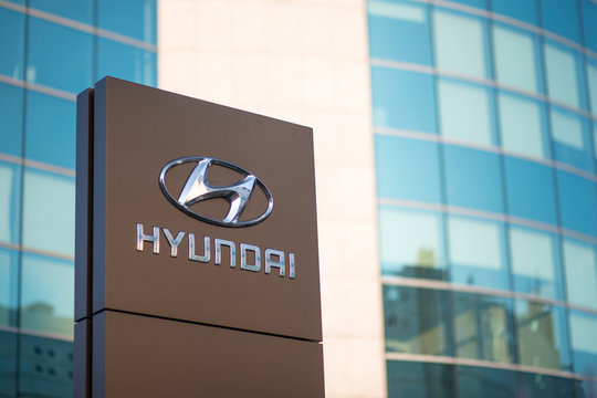 Logotype of Hyundai corporation in front of the Headquarter Building in Milan, Italy, April 14, 2016