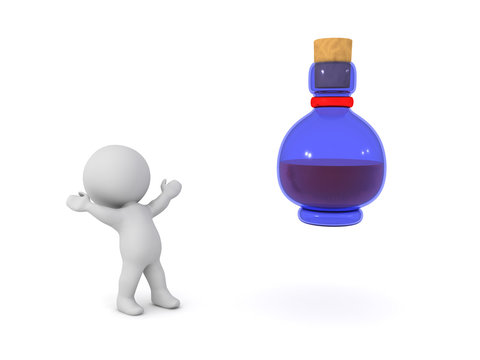 3D Character looking exicted a potion bottle