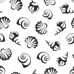 Seamless pattern with sea shells. Vector black and white background.
