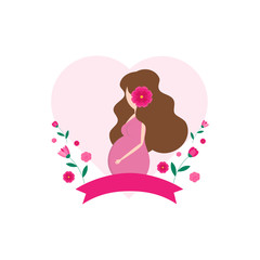 This is pregnant women, heart and flowers on white background. Cute illustration.