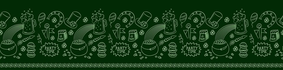 Horizontal seamless pattern on a green background with classic St. Patrick's day symbols:beer, horseshoe,hat,clover.Illustration in Doodle style for pub design, restaurant menus, signage, textiles.