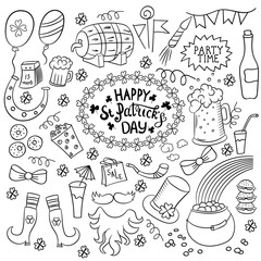 A large collection of doodles for the St. Patrick's day theme party. Vector illustration isolated on white background.Traditional design elements for pub decoration, printing, banner.