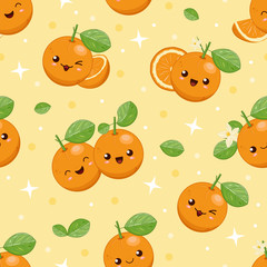 Cute kawaii cartoon smiling oranges, seamless vector background.