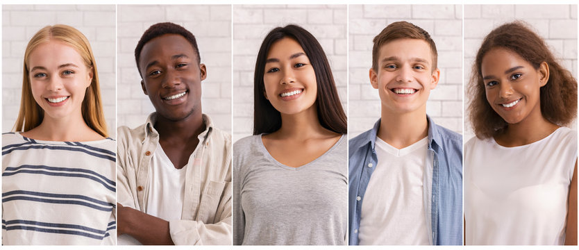 Composite image of multiracial teenagers photos over white brick wall