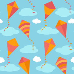 Seamless vector background with cartoon red and yellow kites in the blue sky.