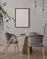 Mock up poster frame in modern interior background dining living room with table and grey chairs in Scandinavian style