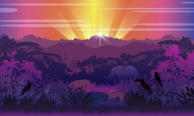 Foto auf Acrylglas Violett Tropische Aussicht mit Dschungel, Elefant, Nashorn, Leopard, exotischen Vögeln und Pflanzen, Hügeln. Panorama-Regenwald-Hintergrund mit Sonnenuntergangsstrahlen und Silhouetten von wilden Tieren. Afrikanische Landschaft in violetten Farben