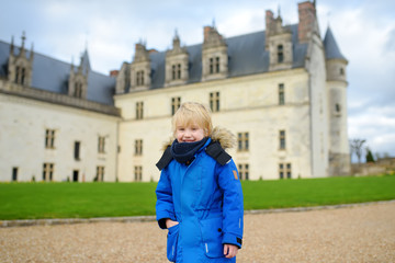 Little boy on the background of famous Royal chateau in Amboise.