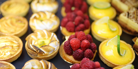 Variety of cakes in a French bakery