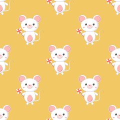 Cute kawaii cartoon mouse holds a red paper pinwheel on it hand, seamless vector background