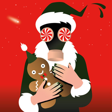 woman in a Christmas dress with a gas mask holding a gingerbread