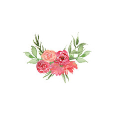 Watercolor illustration of a border with a red flower and green leaves. Drawn in watercolor by hand and is suitable for all types of design and printing.