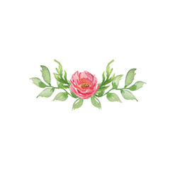 Watercolor illustration of a wreath with a red flower and green leaves. Drawn in watercolor by hand and is suitable for all types of design and printing.