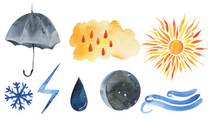 Cute weather icons. Forecast meteorology watercolor symbols. Scandinavian illustration. Weather set graphics.