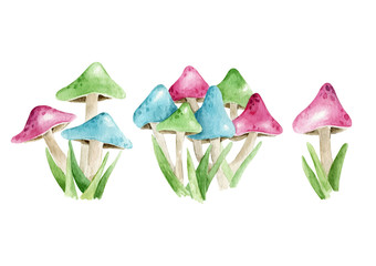 Hand drawn watercolor fairytale magic forest mushrooms. Pink, blue, green colors, cartoon character, isolated object on white background