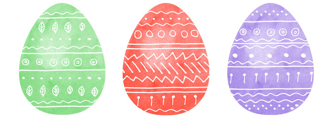  Painted Easter eggs with white hand-drawing ornament. Set of three. Red, purple, green eggs. Watercolor isolated elements on a white background.