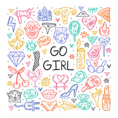 Go girl cute cartoon hand drawn doodle vector clip art, stickers, icons, set of design elements. Funny colorful neon line art design. Isolated on white background. Feminist symbols. Women's rights.