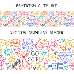 Go girl cute cartoon hand drawn doodle vector seamless border, pattern, texture, background, backdrop. Funny neon design. Isolated on white background. Feminist symbols. Women's day. Women`s rights.