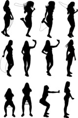 Silhouettes set of sport woman exercising warming up with jumping or skipping rope and resistance band. Vector illustration. 